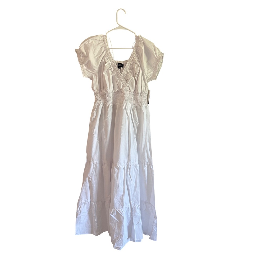 NWT Danielle Bernstein White Smocked Tiered Maxi Dress Women 2X Puff Sleeve